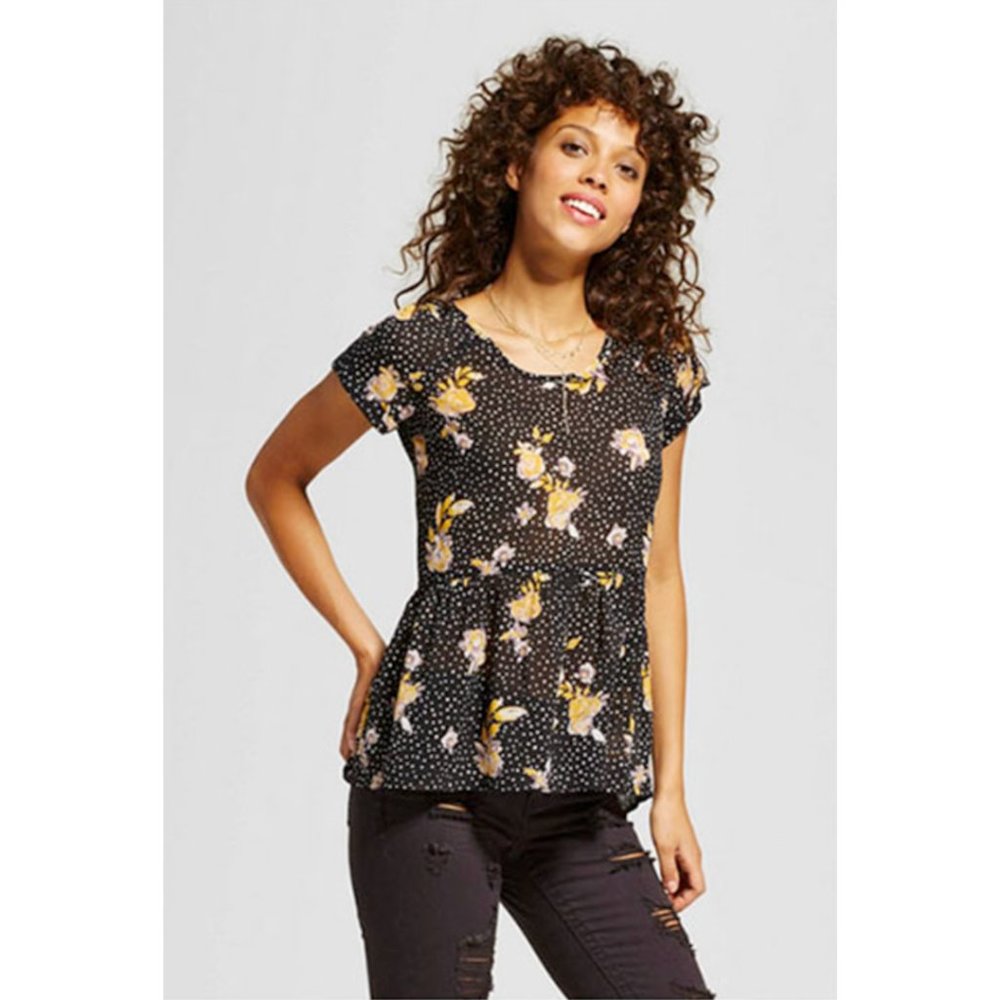 Polka Dot Sheer Floral Top Lace Up Back | Xhilaration